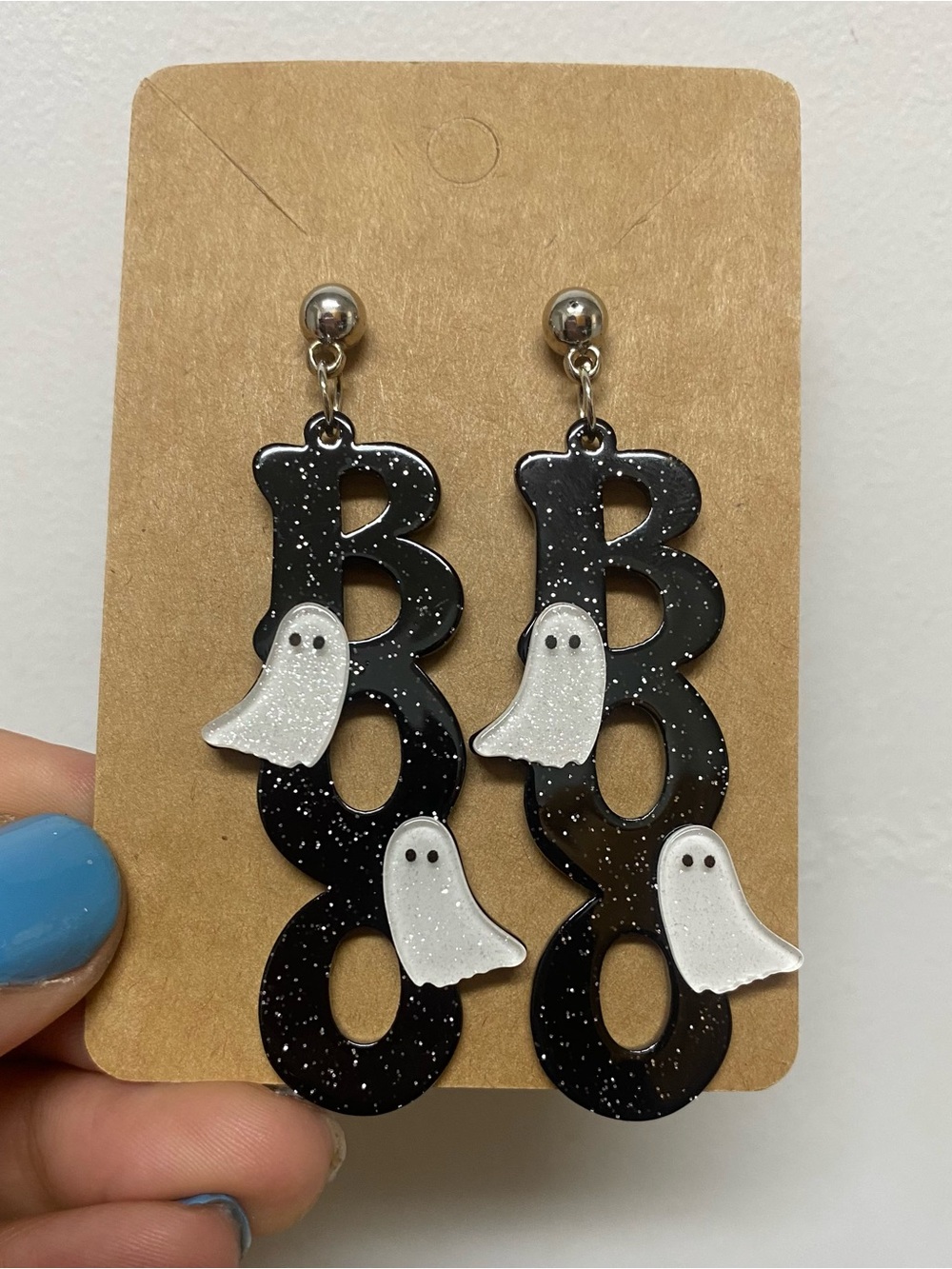 Black 'BOO' White Ghost Dangle Earrings